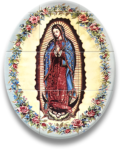 A painting of the virgin mary in front of roses.